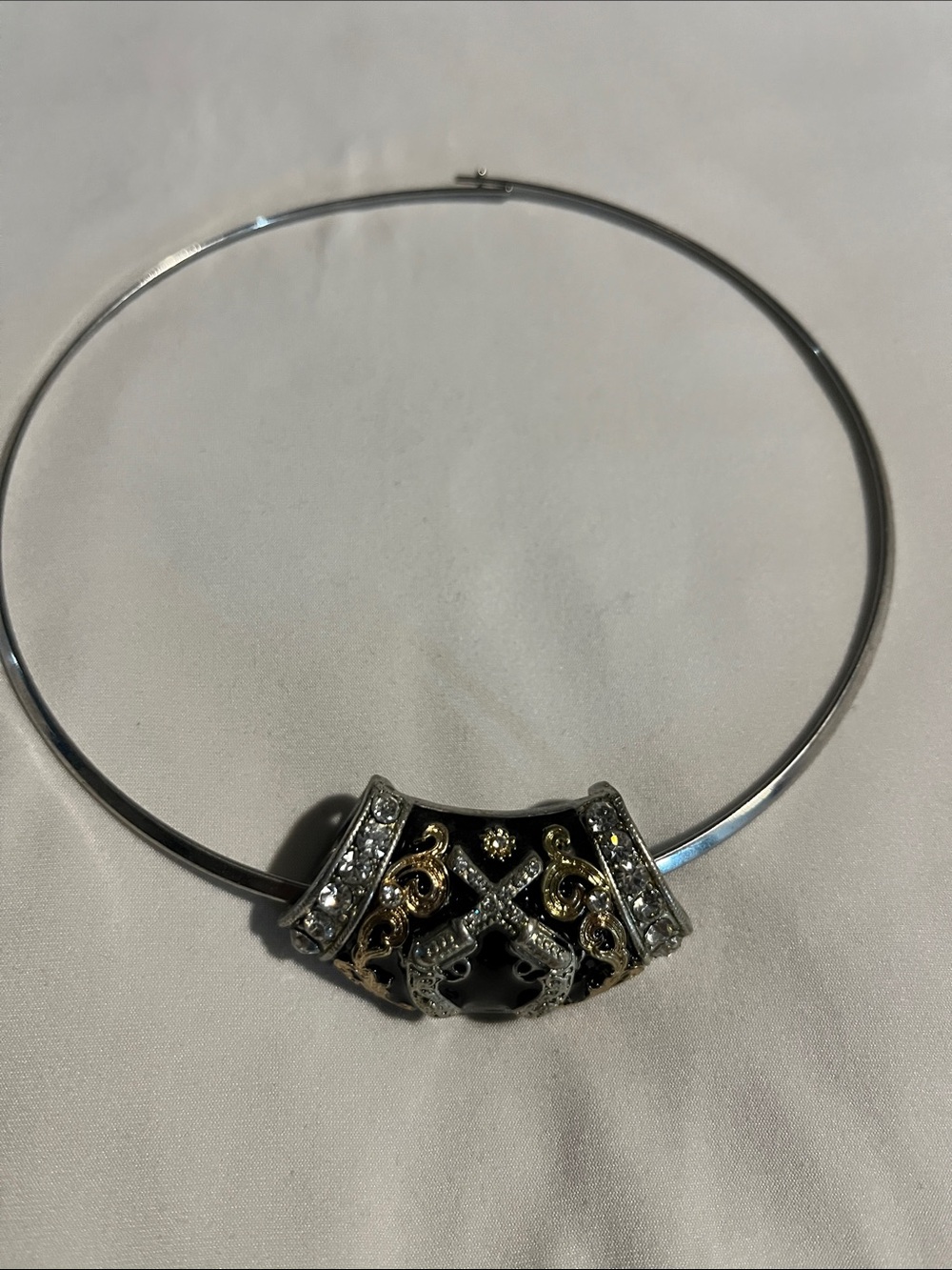 Silver and Gold-Tone Filigree Choker Necklace with Clear Crystal Accents